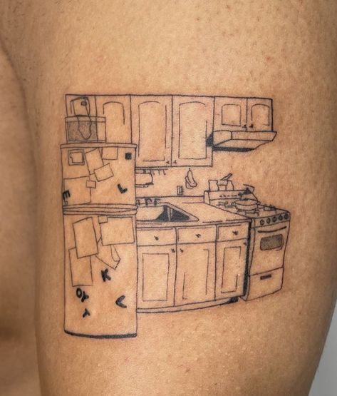 Fridge Tattoo, Coffee Shop Tattoo, Restaurant Tattoo, Living Room Tattoo, Dinner Table Tattoo, Tattoo Home, Art Gallery Tattoo, Kitchen Tattoo, House Tattoo