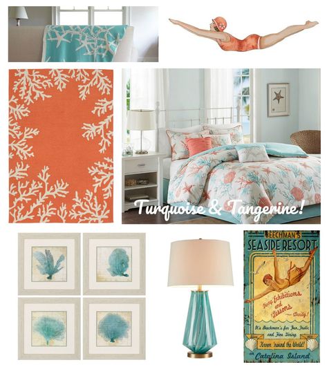 Honestly, this probably is our favorite color combination for beach bedroom decorating! A coastal look created from coral-orange sunsets and an aqua blue sea - can't go wrong and so easy to mix and match! Coastal Bedrooms Colors, Orange Sunsets, Bedroom Turquoise, Bedroom Beach, Beach Colors, Beach Bedroom Decor, Bedroom Orange, Bedroom Deco, Orange Decor