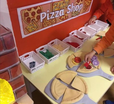 Pizza Restaurant For Dramatic Play Pizza Shop Role Play Eyfs, Role Play Shop Ideas, Pizza Restaurant Dramatic Play, Pizza Parlour Dramatic Play, Dramatic Play Centers Toddlers, Diy Kids Restaurant, Restaurant Dramatic Play Preschool, Pizza Activities For Toddlers, Diy Dramatic Play Ideas