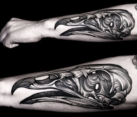 Vulture Skull dotwork tattoo by Kamil Czapiga Vulture Skull, Tattoo 2015, Polish Tattoos, Skull Hand Tattoo, Animal Skull, Black Birds, 3d Tattoos, Skull Tattoo Design, Skull Hand