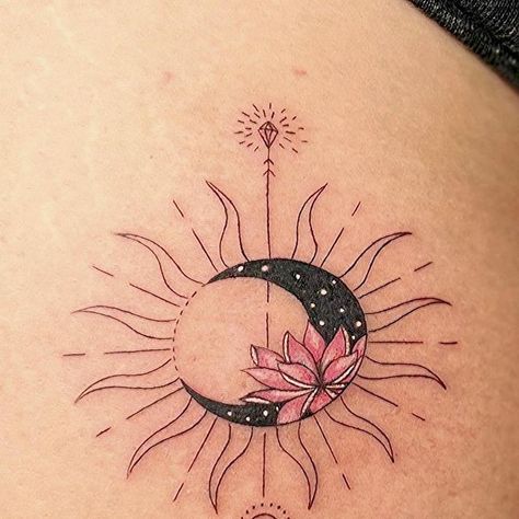 Lotus Sun Moon Tattoo, Lotus Sun And Moon Tattoo, Sun Moon Tattoo, Moon Lotus, Canadian Tattoo, Moon Sun Tattoo, Spiritual Tattoos, Lotus Tattoo, Sun Tattoo