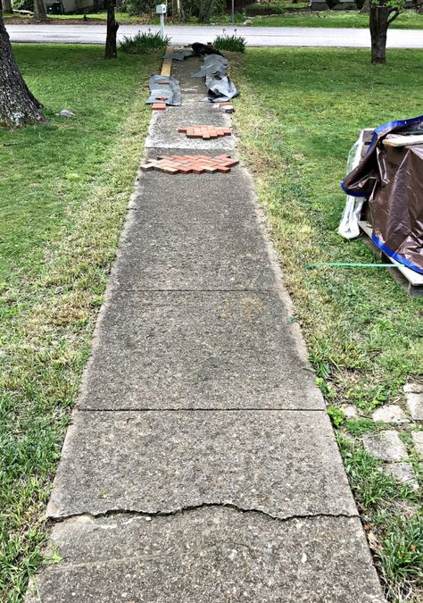 Installing Brick Pavers Over Existing Cement Sidewalk Pavers Over Concrete, Paver Sidewalk, Sidewalk Repair, Sidewalk Landscaping, Cement Pavers, Brick Sidewalk, Concrete Patio Makeover, Brick Paver Patio, Brick Walkway