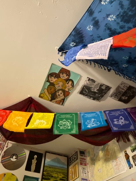 Tibetan Flags Decor, Scarf Ceiling, Bedroom Banner, Tibetan Flags, Ceiling Tapestry, Room Flags, Tibetan Prayer Flag, Witchy Room, Magazine Pages