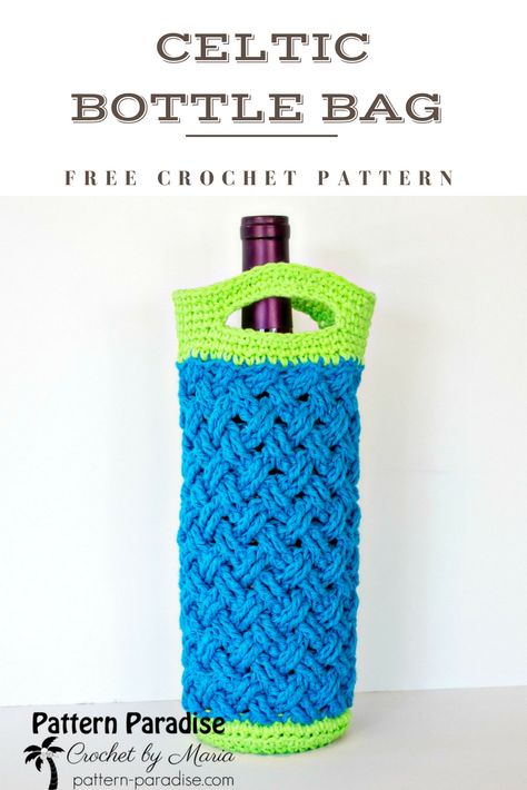 Free Crochet Pattern: Celtic Bottle Bag | Pattern Paradise Crochet Wine Bottle Bag Free Pattern, Crochet Wine Bottle Gift Bag, Crochet Wine Bag Pattern Free, Crochet Wine Bottle Cover Free Pattern, Crochet Wine Bag, Bottle Bag Pattern, Lamp Crochet, Wine Bag Pattern, Wine Cozy