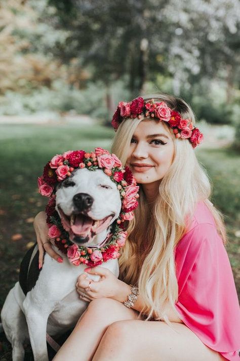 courtney of designs by courtney made my pitbull daisy + i matching flower   crowns! we did this shoot to celebrate me reaching 10k on instagram and it   is my favorite shoot i have ever done!! i am also obsessed w my dog. i have   seen pitbull puppies wearing flower crowns but i've never seen anyone Photographing Dogs, Dog With Flowers, Friends Ideas, Photography Friends, Flowers In Her Hair, Dog Photoshoot, Foto Tips, Puppy Photos, Dog Photo