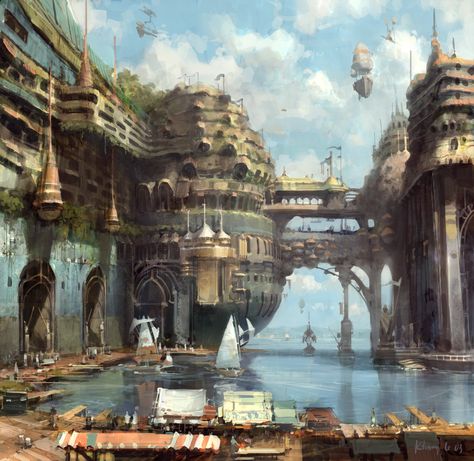 Khang Le on Twitter: "Hello internet and art friends! noob on Twitter and already needing your help. Deciding what to post first as #nftart Both from the old #SkillfulHuntsman #artbook way back when #digitalpainting and #conceptart was new-ish! A)#scifi #cityscape B)#fantasy #harbour too many #?LOL… https://t.co/7xuV3OG8bP" Castle Concept Art, Concept Art Landscape, Abstract Art Decor, Art Village, Critical Role Fan Art, Port City, Landscape Concept, Fantasy City, Art Disney