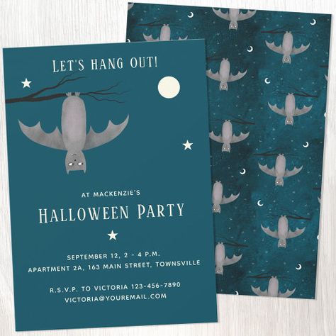 Cute Vampire Bat Halloween Party Halloween Invitations - bat, halloween, spooky, cute, vampire, teal green, moon, autumn fall, pattern, nic squirrell Halloween Invitations Kids, Cute Vampire, Fall Birthday Parties, Halloween Birthday Invitations, Green Moon, Birthday Cute, Moonlit Sky, Bat Halloween, Bat Pattern