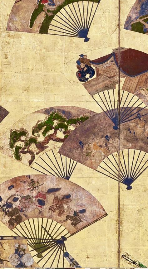 Detail. Scattered Fans 扇面散図屛風. Japanese six-panel folding screen. Tawaraya Sōtatsu 俵屋宗達 (fl. ca. 1600-1643). Edo period, Early 17th century. Freer Gallery of Art. Note that this is similar to Sotatsu's 8-panel Painted Fans Mounted on a Screen in the Museum of the Imperial Collections. Wabi Sabi Mood Board, Japanese Edo Period, Painted Fan, Japanese Screen, Folding Screen, Painted Paneling, Edo Period, Japanese Artists, 17th Century