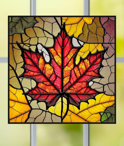 Maple Leaf Faux Stained-Glass Deluxe WINDOW CLING  "MAPLE LEAF" glows beautifully on glass windows and doors from the sunlight.  SIZE: 8" by 8" Square New as of August 20th: Thick, glossy WINDOW CLINGS that sparkle like glass. With vibrant color on the front and back side. The new recipe creates a light reflective, glistening effect. * Vibrant, translucent color with high resolution. * Repositionable * Homemade/Handmade ~ Made-to-order with love and care in the U.S.A. * SUPER easy to apply. Read Square Stained Glass Patterns, Sms Language, Glass Painting Patterns, Indoor Lights, زجاج ملون, Makeup Images, Indoor Window, Glass Window Art, Glass Diy