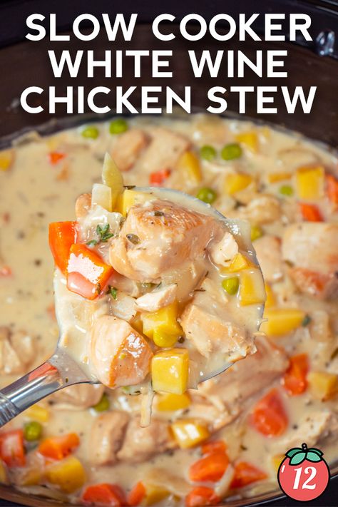 Slow Cooker White Wine Chicken Stew | 12 Tomatoes White Wine Chicken Soup, Slow Cooker White Wine Chicken, White Wine Chicken Stew, Crockpot Chicken Stew, Slap Ya Mama, Slow Cooker Chicken Stew, White Wine Chicken, Wine Chicken, Tomatoes Recipes