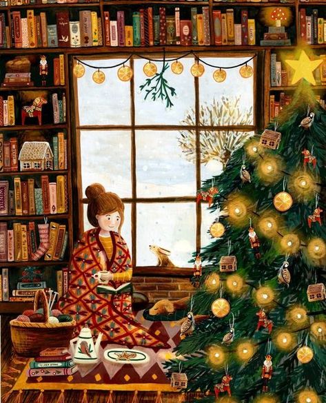 Beautiful Christmas Illustrations, Christmas And Books Aesthetic, Cozy Christmas Illustration Art, Cosy Christmas Illustration, Christmas Book Illustration, Christmas Card Print, Christmas Aesthetic Cards, Christmas Aesthetic Illustration, Christmas Art Aesthetic