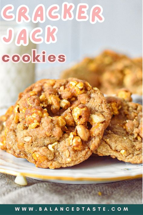 Cracker Jack cookies Cracker Jack Cookies, Crackerjack Cookies, Cookies With White Chocolate Chips, Spiced Cookies, Cookies With White Chocolate, Cracker Jack, Cracker Jacks, Buttery Cookies, Caramel Corn