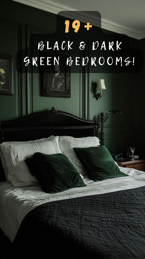 Dreaming of a chic bedroom makeover? Click for a collection of black and dark green bedrooms that offer a chic and tranquil vibe. Inspire your space! 🌟🌿 #ChicBedrooms #TranquilVibe #BedroomInspiration #StylishInteriors #DecorTips Green Monochromatic Room, Green And Black Bedroom Ideas, Green Color Palette Bedroom, Dark Green Bedrooms, Dark Green And Black Bedroom, Black And Dark Green Bedroom, Green And Black Bedroom, Hunter Green Bedrooms, Dark Green Bedroom Ideas