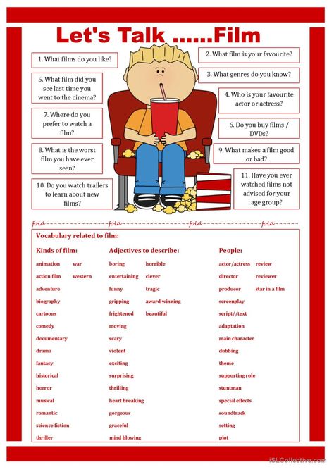 Let's Talk .....Film discussion star…: English ESL worksheets pdf & doc Movie Worksheet, Speaking Activities English, English Talk, Spanish Phrases, Speaking Activities, Vocabulary List, English Fun, Lets Talk, English Activities