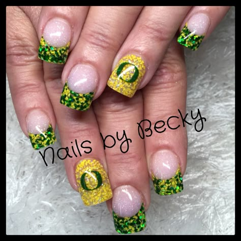 Oregon Duck Nails Designs, Oregon Ducks Nails, Oregon Duck Nails, Ducks Nails, Nail Paint Ideas, Nails Duck, Football Nails, Y2k Acrylic, Fingernail Designs