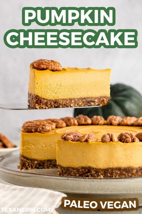 Healthy fall pumpkin cheesecake that you will want to make this holiday season. Both paleo and vegan, this recipe is super simple to make! This dessert is no-bake, making it perfect for the holiday season! If you don't have much time on Thanksgiving, make this delicious pumpkin cheesecake ahead of time and keep it in the fridge. The flavors will come together and taste creamy and amazing. #paleo #vegan #chesecake #desserts #recipe Vegan Pumpkin Cheesecake Recipe, Paleo Pumpkin Cheesecake, Paleo Cheesecake, Vegan Pumpkin Cheesecake, Healthy Pumpkin Cheesecake, Cheesecake Delight, Paleo Vegetarian, Primal Diet, Vegan Cheesecake Recipe