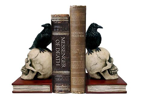 Amazon.com: DWK 8.5" Murder & Mystery Raven on Skull Bookends Gothic Crow Reading Bookshelf Library Decor: Home & Kitchen Reading Bookshelf, Bookshelf Library, Library Home, Decorative Bookends, Curious Cat, The Crow, Home Libraries, Library Decor, Gothic Decor