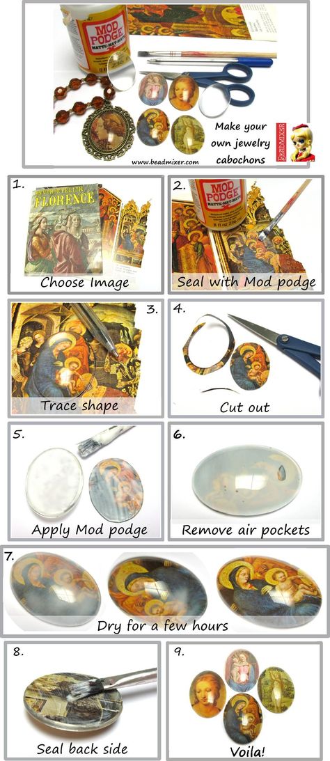 Tutorial - Make your own glass cabochons Cabochon Tutorial, Glass Cabochon Jewelry, Style Tutorial, Diy Jewlery, Photo Pendant, Make Your Own Jewelry, Diy Mask, Diy Tutorials, Mod Podge