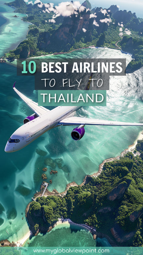 This image shows an airplane flying over the stunning turquoise waters and lush green landscapes of Thailand, capturing the excitement of traveling to one of the world's most beautiful destinations. Flight Tips, Trip To Thailand, Air Travel Tips, China Airlines, Best Airlines, International Airlines, Airline Travel, Singapore Airlines, Best Flights