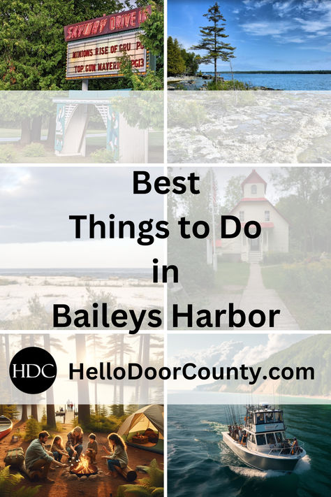 Grid of images depicting things to do in Baileys Harbor, WI. Baileys Harbor Door County, Cana Island Lighthouse, Exploring Wisconsin, Nomadic Lifestyle, Door County Wisconsin, Mini Moon, Family Friendly Activities, Door County, Boat Rental