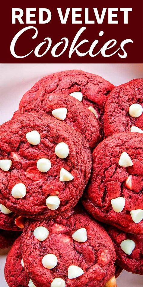 Red Velvet Cookies! Red velvet cake in cookie form—that's what you've got here with these Red Velvet Cookies! Cream cheese and white chocolate chips lend tanginess and sweetness to every bite. #redvelvet #cookies #simplyrecipes #baking Red Velvet Cookies Cream Cheese, Trio Sleepover, Redvelvet Cookies, Cookie Wallpaper, Red Velvet Cake Mix Cookies, Cookies With White Chocolate Chips, Cookies Cream Cheese, Red Velvet Cookie Recipe, Valentine Food