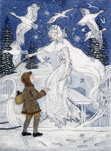 "The Snow Queen" by Debra McFarlane |  Illustration from 'The Pink Fairy Book', edited by Andrew Lang. Published by The Folio Society 2007.  etching with aquatint,  190mmx140mm. (http://www.debramcfarlane.co.uk/) Snow Queen Illustration, The Snow Queen, 동화 삽화, Arthur Rackham, Snow Fairy, Hans Christian Andersen, Fairytale Illustration, Fairy Book, Hans Christian