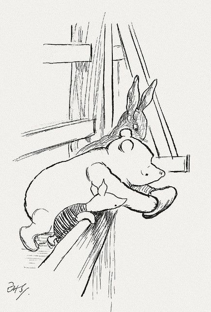 "I'm not throwing it, I'm dropping it Eeyore."    {"Pooh had got the biggest stone he could carry, and was leaning over the bridge, holding it in his paws."}    "This original illustration was reproduced on page 98 of The House at Pooh Corner and is from the chapter in which Pooh invents the game of Poohsticks. At this point Eeyore had fallen into the river and Pooh, Piglet and Rabbit were attempting to make waves to wash him to the bank." Original Winnie The Pooh, Eh Shepard, Winnie The Pooh Drawing, House At Pooh Corner, Winnie The Pooh Pictures, Winnie The Pooh Quotes, Winnie The Pooh Friends, Pooh Quotes, Pooh Bear