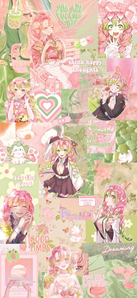 Mitsuri Kanroji Lockscreen, Aesthetic Mitsuri Wallpaper, Mitsuri Phone Wallpaper, Demon Slayer Wallpaper Mitsuri, Mitsuri Wallpaper Aesthetic, Obamitsu Wallpaper, Mitsuri Kanroji Aesthetic, Pink And Green Aesthetic Wallpaper, Demonslayer Wallpaper