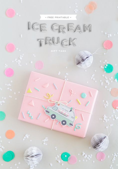 Ice cream season is getting close!! In anticipation, I designed this cute printable ice cream truck gift tag which includes a little interactive feature where you can lift the awning to reveal the rec Ice Cream Party Theme, Gift Wrapping Inspiration, Truck Gifts, Oh Happy Day, Creative Gift Wrapping, Cadeau Diy, Diy Gift Wrapping, Ice Cream Truck, Pretty Packaging