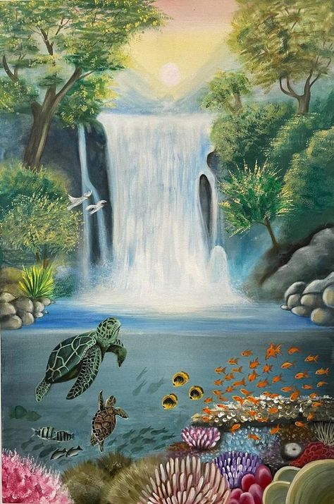 View In My Room Water Falls Painting, Sunrise Art Painting, Quilt Background, Nature Documentary, Waterfall Painting, Pond Painting, Waterfall Paintings, Watercolor Paintings Nature, Sunrise Art