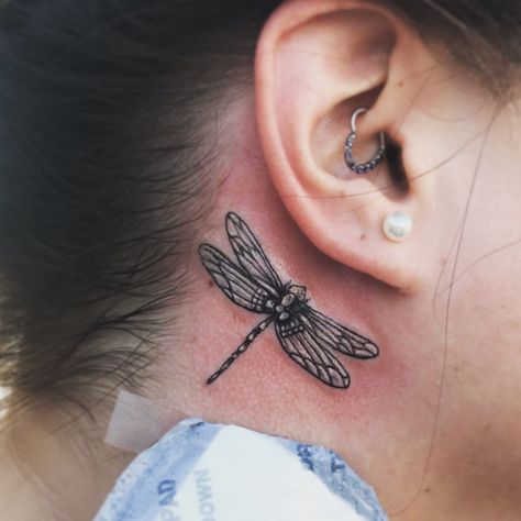 Behind Ear Tattoo Dragonfly, Dragonfly Behind Ear Tattoo, Dragon Fly Tattoo Behind Ear, Dragonfly Ear Tattoo, Dragonfly Tattoo Behind Ear, Dragonfly Neck Tattoo, Tattoos Behind Ear, Behind Ear Tattoos, Tattoo Practice