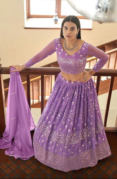 Georgette paneled skirt flaired skirt lehenga with underlining detailed with silver zari blouse design can be made as needed with sleeves or without sleeves Please ask your size possibility as it's limited size for blouse stitching please contact us we offer free tailoring made to your size and needs thanks Lavender Colour Lehenga, Lavender Lehenga, Purple Lehenga, Indian Wedding Lehenga, Mirror Work Lehenga, Full Sleeve Blouse, Party Wear Lehenga Choli, Bollywood Lehenga, Georgette Dupatta