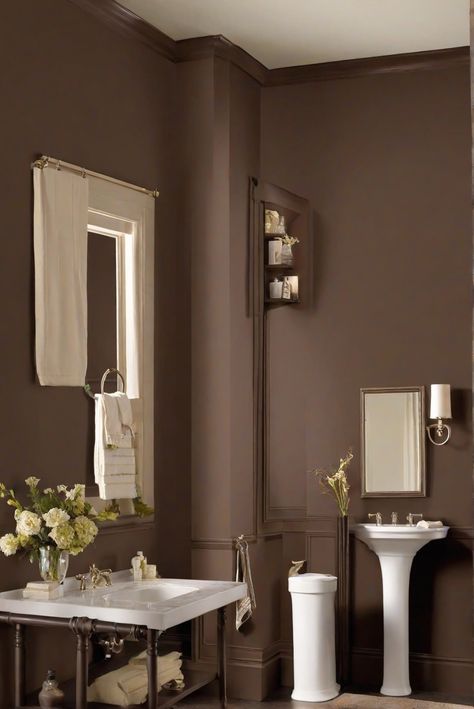 bathroom paint colors,interior wall paint,home painting ideas,room paint design Painted Brown Bathroom Cabinets, Chocolate Brown Decor, Bathroom With Brown Walls, Bitter Chocolate Sherwin Williams, Brown Bathroom Paint Colors, Brown Paint Bathroom Ideas, Dark Bathroom Wall Color, Brown Paint Bathroom, Brown Walls Bathroom