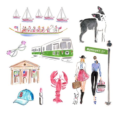 Postcard from Boston: I have kind of a complicated relationship with this town (long story) but it’s not without its allure! From the Seaport to the Back Bay to Harvard Square, Boston just oozes historic charm. 🦞⚾️ 🌉  Follow me on Instagram!! @bethbriggsillustration Boston Watercolor, Swan Boats, Boston Print, Quincy Market, Boston Art, Watercolor Clip Art, Fenway Park, Sophomore Year, Watercolor Images