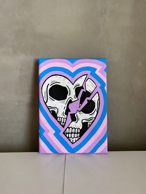 Colorful Skull Painting, Drawing Ideas Easy Trippy, Diy Goth Painting, Creepy Canvas Paintings, Goth Painting Ideas On Canvas, Heart Painting Ideas, Cool Painting Ideas On Canvas, Skull Canvas Painting, Skull Painting Ideas