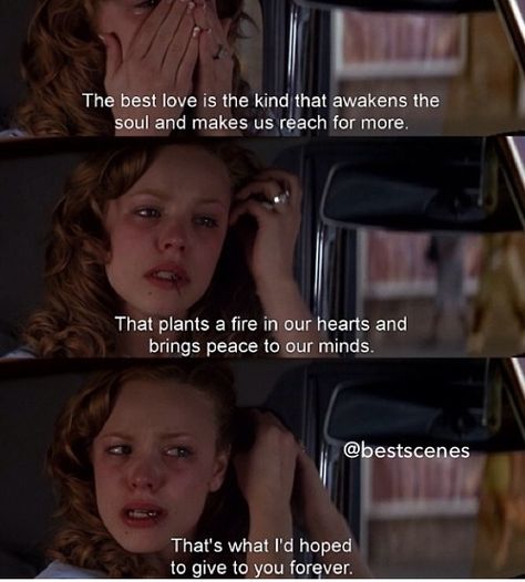 Noah: My Dearest Allie. I couldn't sleep last night because I know that it's over between us. I'm not bitter anymore, because I know that what we had was real. And if in some distant place in the future we see each other in our new lives, I'll smile at you with joy and remember how we spent the summer beneath the trees, learning from each other and growing in love. The best love is the kind that awakens the soul and makes us reach for more, that plants a ... The Notebook (2004) #nicholassparks Romantic Stuff, Movies Scenes, Funniest Photos, The Notebook Quotes, Favorite Movie Quotes, Movie Moments, Nicholas Sparks, Movie Lines, All I Ever Wanted