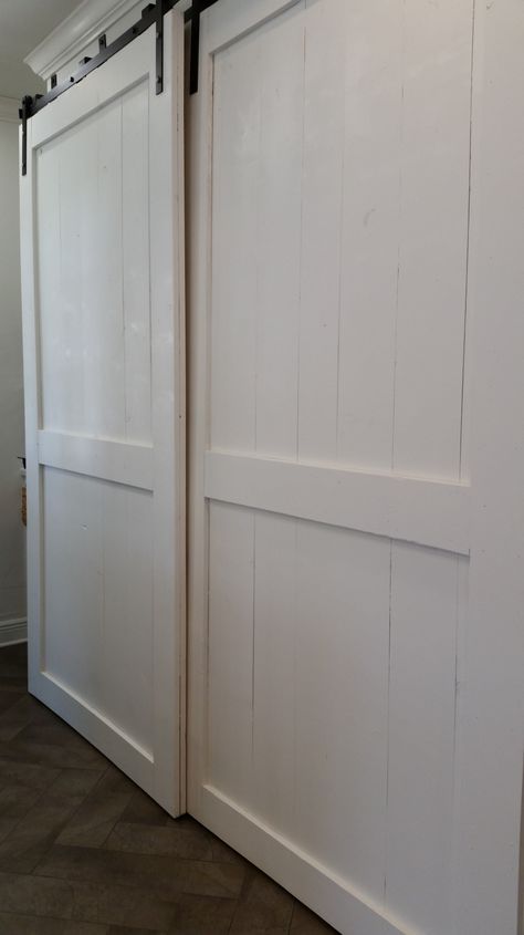 Bypass Barn Door Pantry Sliding Pantry Door, Sliding Pantry Doors, Barn Door Pantry, Bypass Barn Door, Sectional Garage Doors, Garage Door Types, White Barn Door, Barn Door Closet, Kitchen Layouts