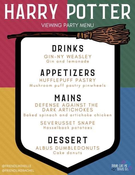 From Hocus Pocus to Hamilton, These 17 Movie-Themed Dinner Menus Sound Perfectly Delicious Disney Movie Copycat Recipes, Harry Potter Dinner Movie Night, Twitches Movie Dinner, Fun Food Ideas For Adults, Harry Potter Inspired Dinner Recipes, Harry Potter Movie Dinner, Dinner And Movie Theme Date Night, Harry Potter Food Ideas Dinner, Harry Potter Dinner Party Food