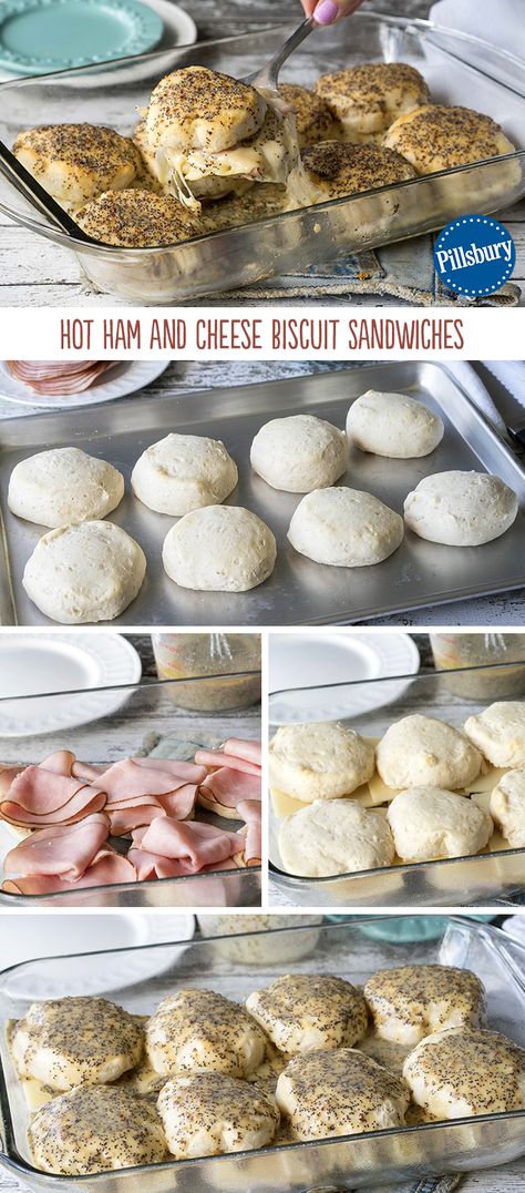 These flavor-packed sliders are EASY for a crowd - layer in a 13x9, stack and then smother in a creamy sauce. These Hot Ham and Cheese Biscuit Sandwiches are the perfect snacking food. You can even prep and pack them beforehand! Grands Biscuit Sandwiches, Ham And Cheese Grands Biscuits, Pillsbury Biscuit Sandwiches, Biscuit Sandwich Recipes, Grands Biscuit Sandwich Recipes, Biscuit Ham And Cheese, Biscuit Sandwiches Ideas, Crowd Snacks, Ham And Cheese Biscuits