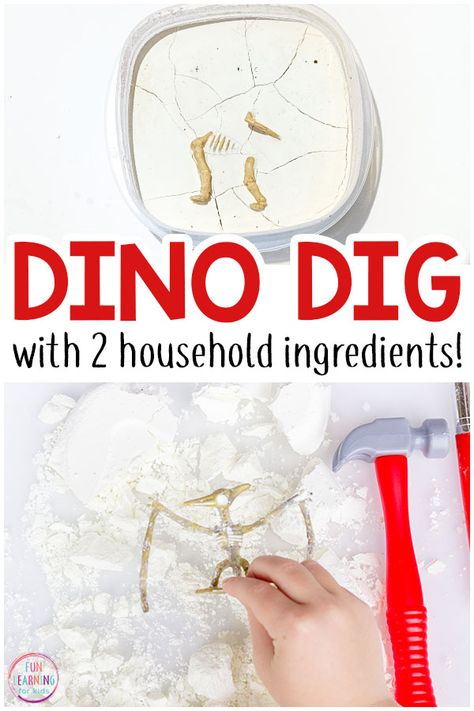 Dino Science Experiment, Dinosaur Large Motor Activities, Dinosaur Hunt For Kids, Dino Day Activities, Fossils Activities For Kids, Fossil Dig For Kids, Dinosaur Experiments For Kids, Dinosaur Digging Activity, Dinosaur Kids Activities