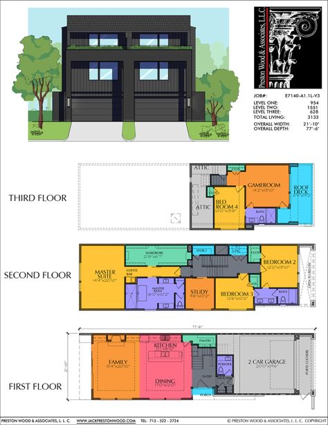 Two and a Half Story Duplex Plan – Preston Wood & Associates House Plans With Porches, Duplex Floor Plans, Duplex Plans, Narrow Lot House Plans, Little House Plans, Two Story House Plans, Duplex Design, Garage House Plans, Duplex House Plans