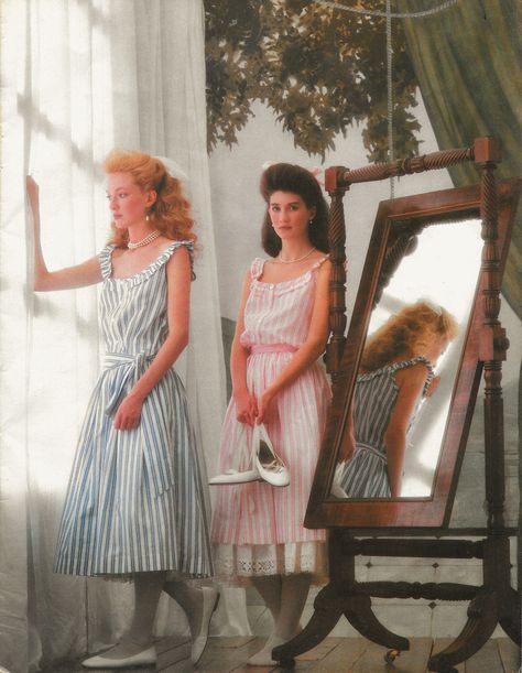 Spring/Summer Laura Ashley 1983 Catalog -- candystriped sundress with dropped waist 80s Drop Waist Dress, 90s Laura Ashley, 1980s Laura Ashley, Laura Ashley Catalogue, Laura Ashley 1980s, Laura Ashley 80s, Laura Ashley Clothing, Laura Ashley Patterns, Romantic Views