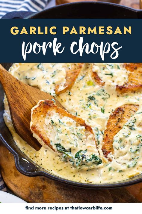 These creamy Garlic Parmesan Pork Chops are pan seared and covered in a rich, creamy sauce! Decadent, flavorful, and so simple to make in about 20 minutes! Garlic Parmesan Pork Chops, Parmesan Pork Chops, Keto Pork Chops, Pork Sauce, I Lost 100 Pounds, Healthier Sweets, Easy Pork Chop Recipes, Pork Chop Dinner, Fast Dinner