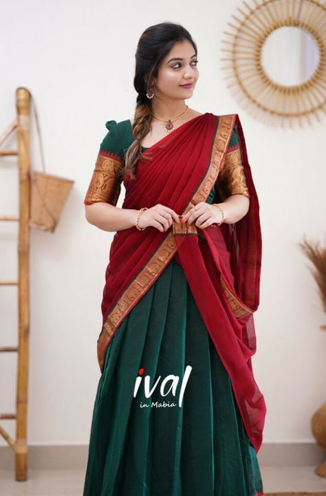 Green Half Saree, Dark Green Skirt, Red Combination, Celebrity Style Guide, Closeup Photo, Village Photos, Frock Fashion, Half Saree Designs, Shade Of Red