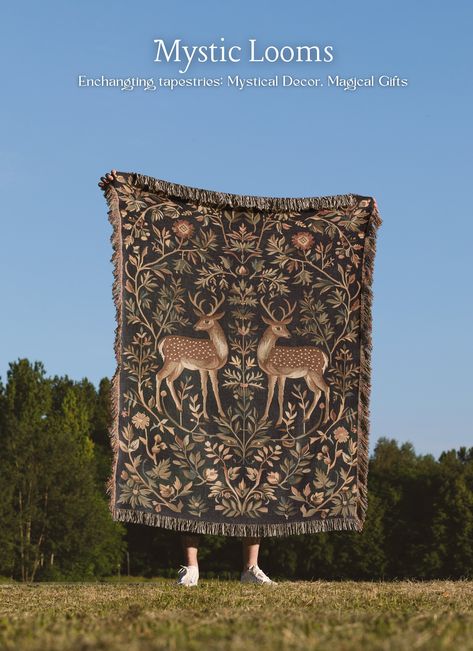 Deer Tapestry, Crowcore, Woven Wall Hanging Welcome and thank you for your interest in my art!  Explore six unique ways to display my mystical collection: Woven Blanket: Thick weaving and soft cotton yarn in three sizes, perfect as a cozy throw or tapestry. Sherpa Blanket: Hemmed edges and ultra-soft sherpa fleece, available in two sizes, ideal for warmth and comfort. Velveteen Blanket: Durable with double needle topstitching on all seams, in three sizes, combining style and sturdiness. Matte St Blanket Hanging On Wall, Blanket Wall Decor, Tapestries Aesthetic, Deer Tapestry, Tapestry Interior, Traditional Tapestry, Blanket Display, Unique Throw Blankets, Woven Tapestry Wall Hangings