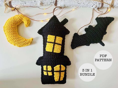 "Halloween crochet collection Bundle of 3 PDF patterns: - Spooky Moon - Haunted House - Bat These 3 items can be put together to form a cute Halloween landscape. You can hang these crochet items to a branch or a hoop as a wall decor. ABOUT THE PATTERN This bundle includes three PDF patterns, one for each item. It contains detailed instructions as well as step-by-step illustrative photos. Only basic crocheting skills are needed.  SIZE Spooky Moon: 9cm x 8.3cm Haunted House: 18cm x 10cm Bat: 8cm x 14cm For the items to match these sizes, you need to follow my yarn and hook recommendations. If you'd like different sizes than these, you can choose thiner or thicker yarn and compatible hook. LEVEL OF DIFFICULTY Intermediate PATTERN INCLUDES Crochet pattern for: - Spooky Moon - Haunted House - B Crochet Haunted House, Landscape Crochet, Halloween Landscape, Spooky Moon, Crochet Pour Halloween, Crochet Decor, Crochet Collection, Halloween Crochet Patterns, Crochet Fall