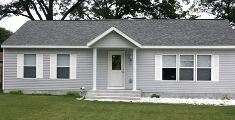 Quarry Gray Lp Siding, Light Gray Vinyl Siding, Light Gray Siding Exterior, Gray And Black House Exterior, Light Grey Exterior House Colors, Gray Siding House, Light Grey House, Grey Siding House, Grey House White Trim