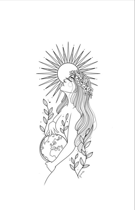 Mother Nature Tattoos, Birth Art, Pregnancy Art, Goddess Tattoo, Mother Tattoos, Nature Tattoos, Mom Tattoos, Line Art Drawings, Art Journals