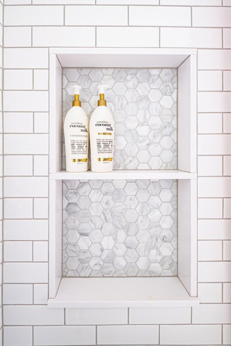 Bathroom Shower Subway Tile, Bathtub Niche Placement, Shower Niche Placement, Grey Grout Bathroom, Shower Niche Tile Ideas, White Subway Tile Shower, Shower Alcove, Tile Shower Niche, Gross Things