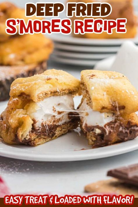 We love S'mores but these Homemade Deep Fried S'mores takes our favorite dessert to the next level. Simple to make and loaded with amazing flavor. These Fried S'mores would be the perfect summer or winter time treat. Dust with powdered sugar for the ultimate s'more treat. #dessertsonadime #deepfriedsmores #homemadesmores Fried Smores, Homemade Smores, Deep Fried Desserts, Chocolate Lasagna Recipe, Fried Dessert, Smore Recipes, Camping Desserts, Cream Cheese Pound Cake, Delicious Cream